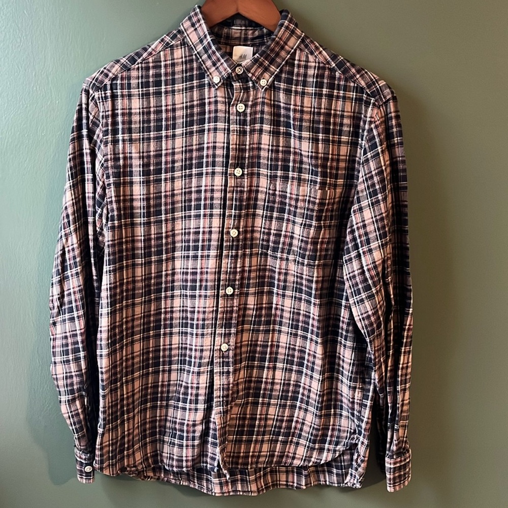 H&M Regular Fit Coupe Standard Flannel Button Up 100% Cotton - M - Tan Blk Rust